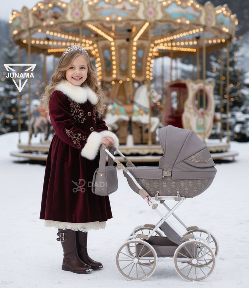 Wózek dla lalek Junama Art Deco Mini TAKO różowy, dziewczynka bawi się zimą przy karuzeli – lifestyle, Dadi-Shop